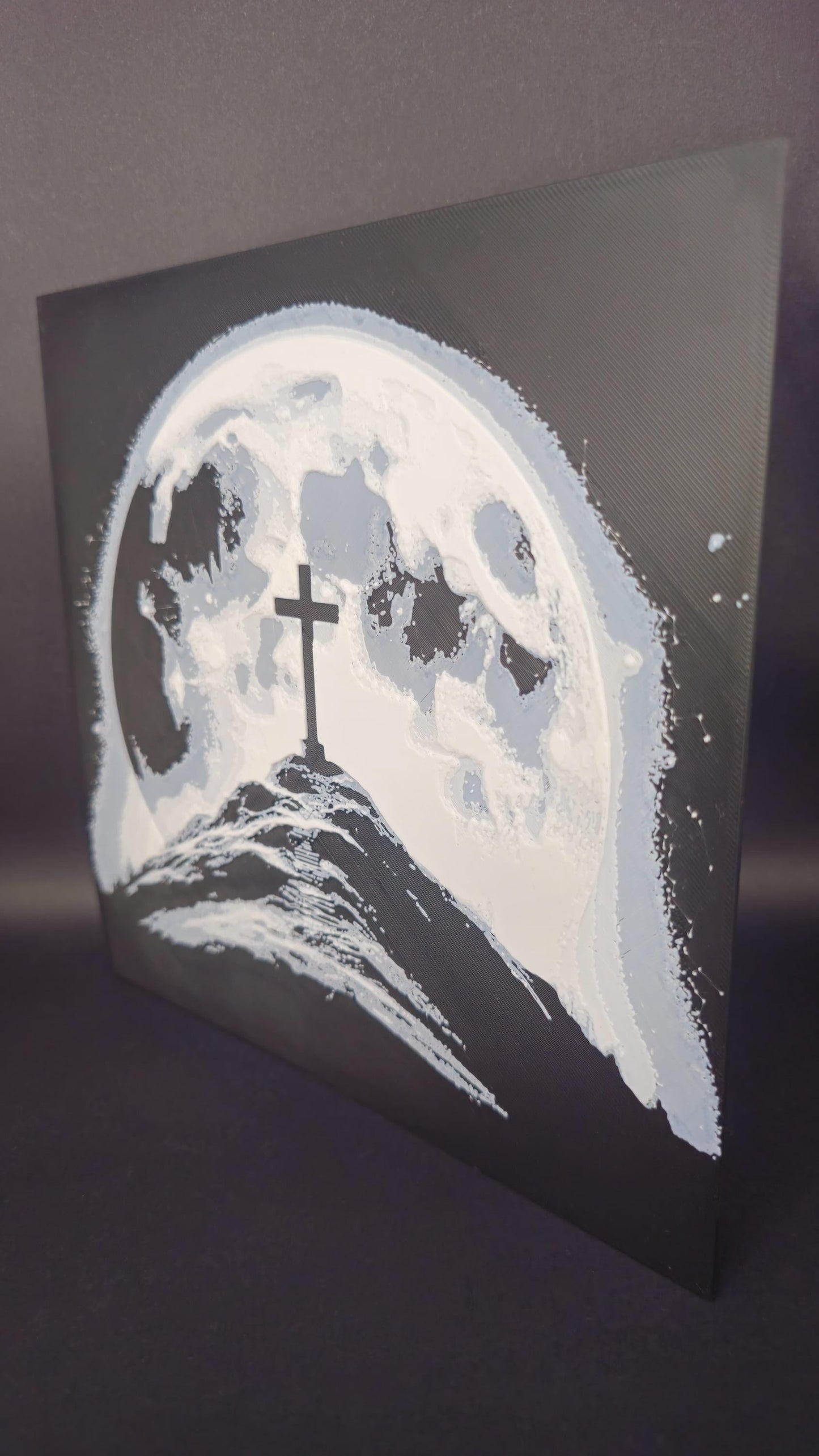 Cross and the Moon Art Hueforge – 3D Printed Spiritual Wall Decor, Unique Cross Under Moonlight