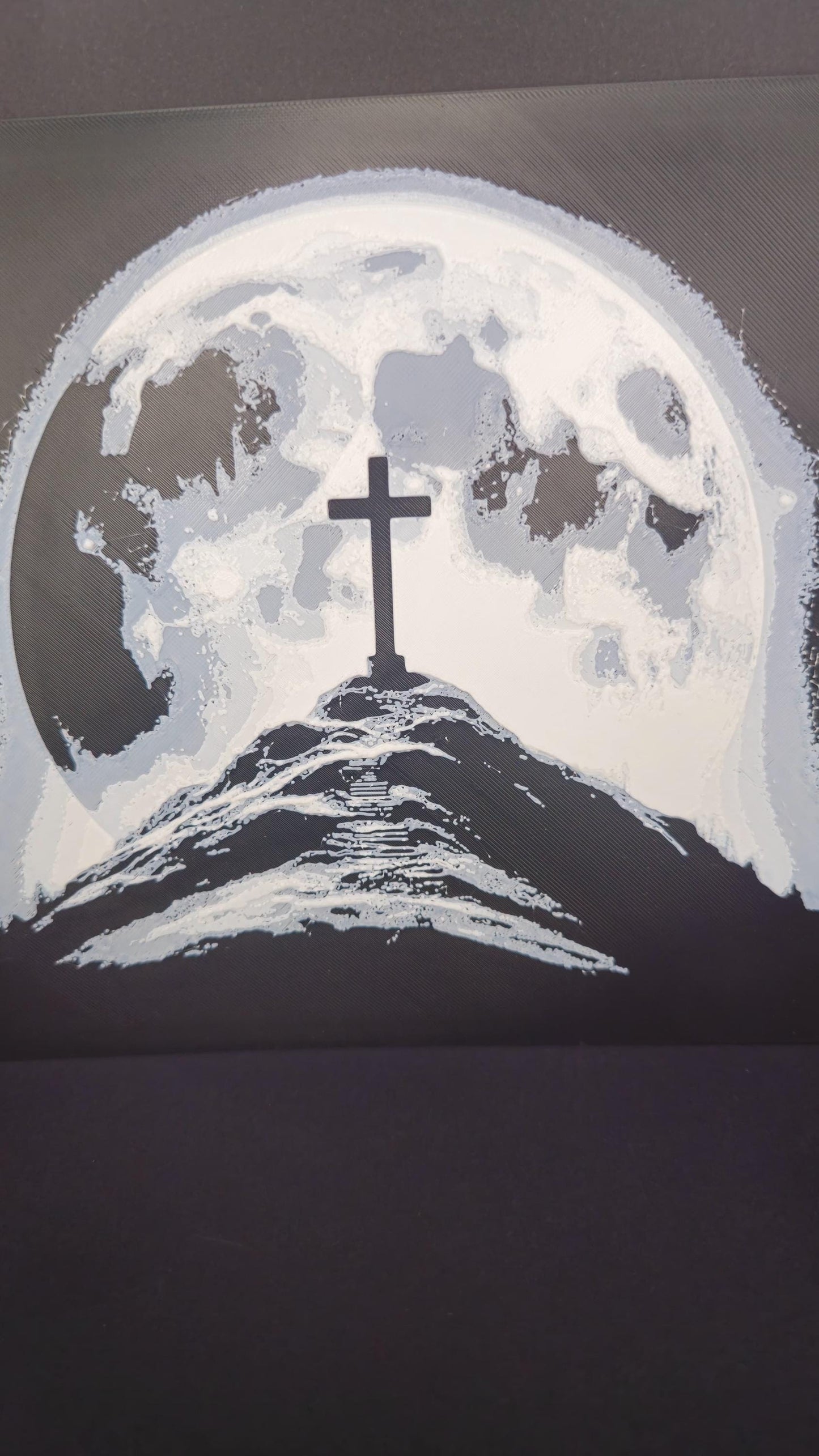 Cross and the Moon Art Hueforge – 3D Printed Spiritual Wall Decor, Unique Cross Under Moonlight