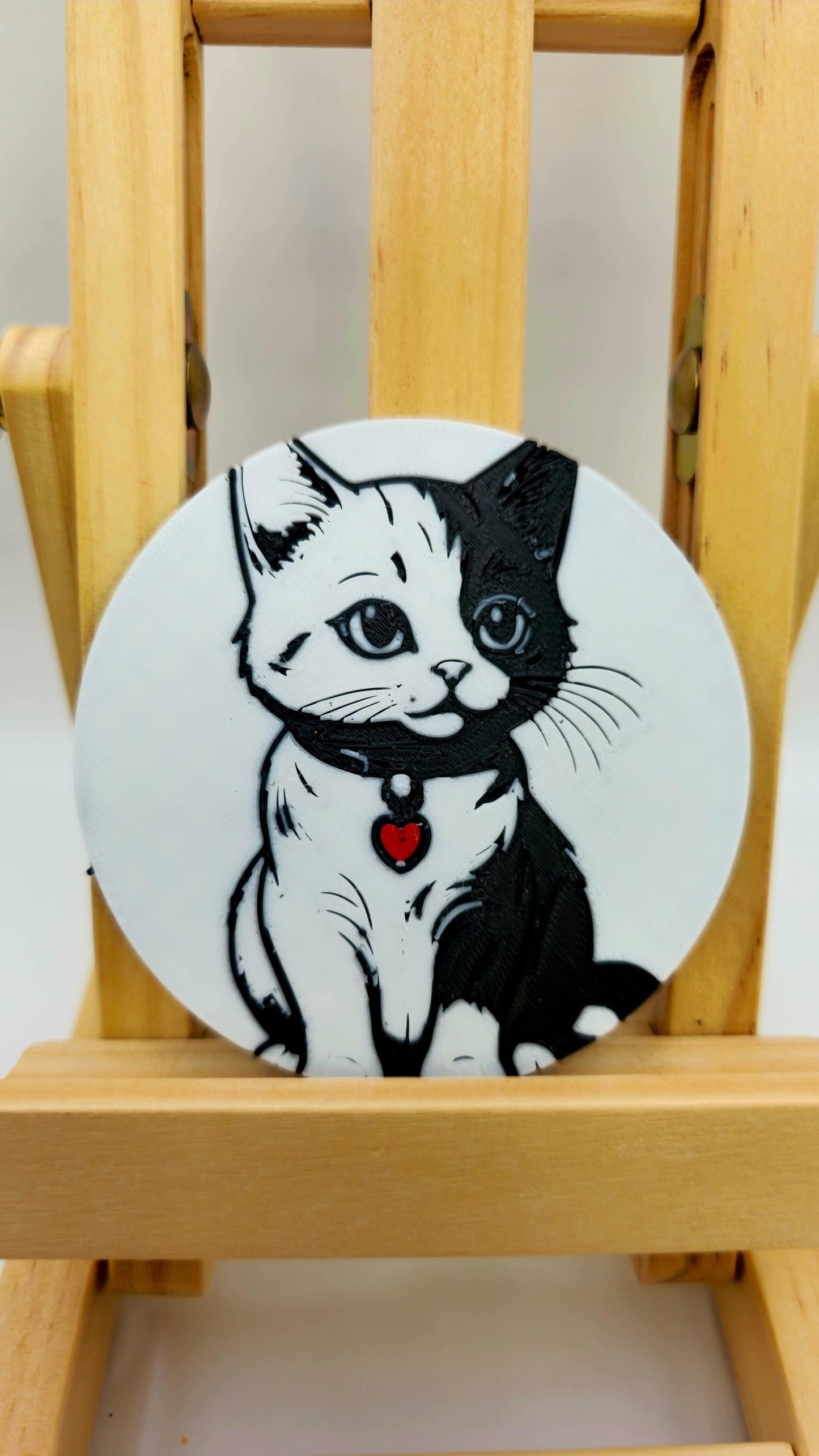 Trio of Cat Illustrations in PLA, 3D-Printed, with Decorative Wooden Stand