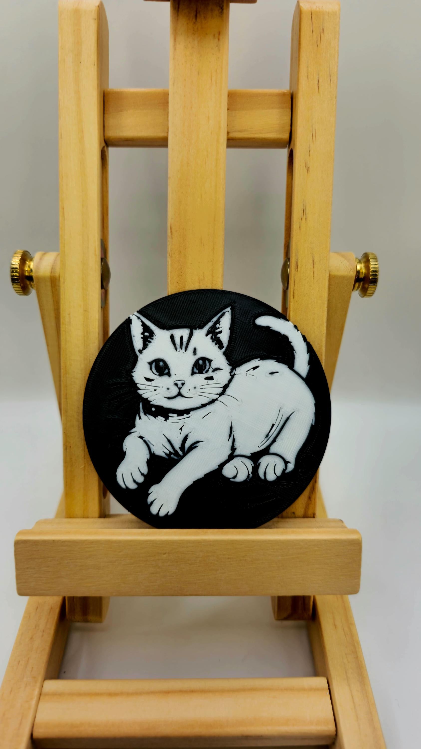 Trio of Cat Illustrations in PLA, 3D-Printed, with Decorative Wooden Stand