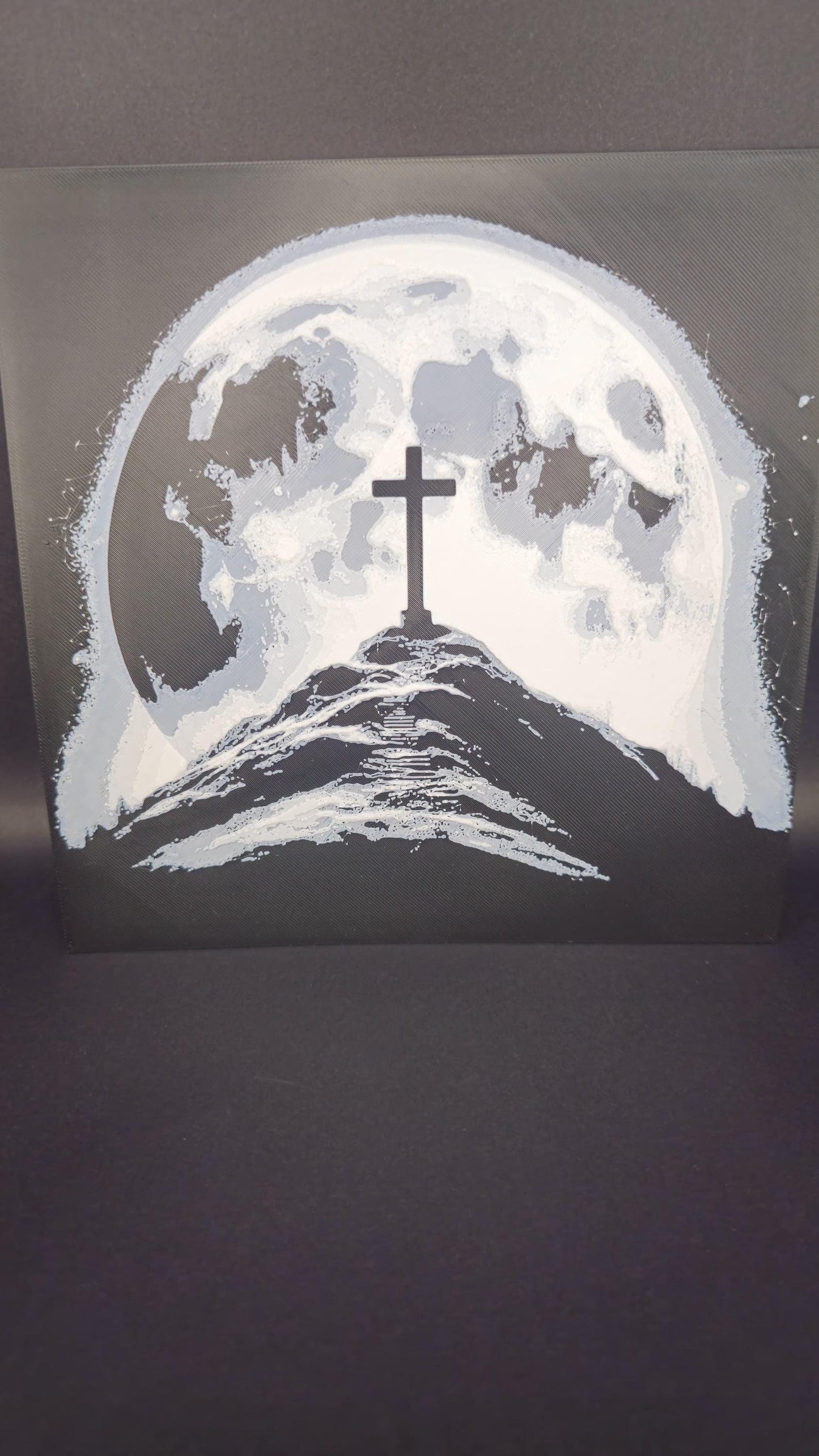 Cross and the Moon Art Hueforge – 3D Printed Spiritual Wall Decor, Unique Cross Under Moonlight