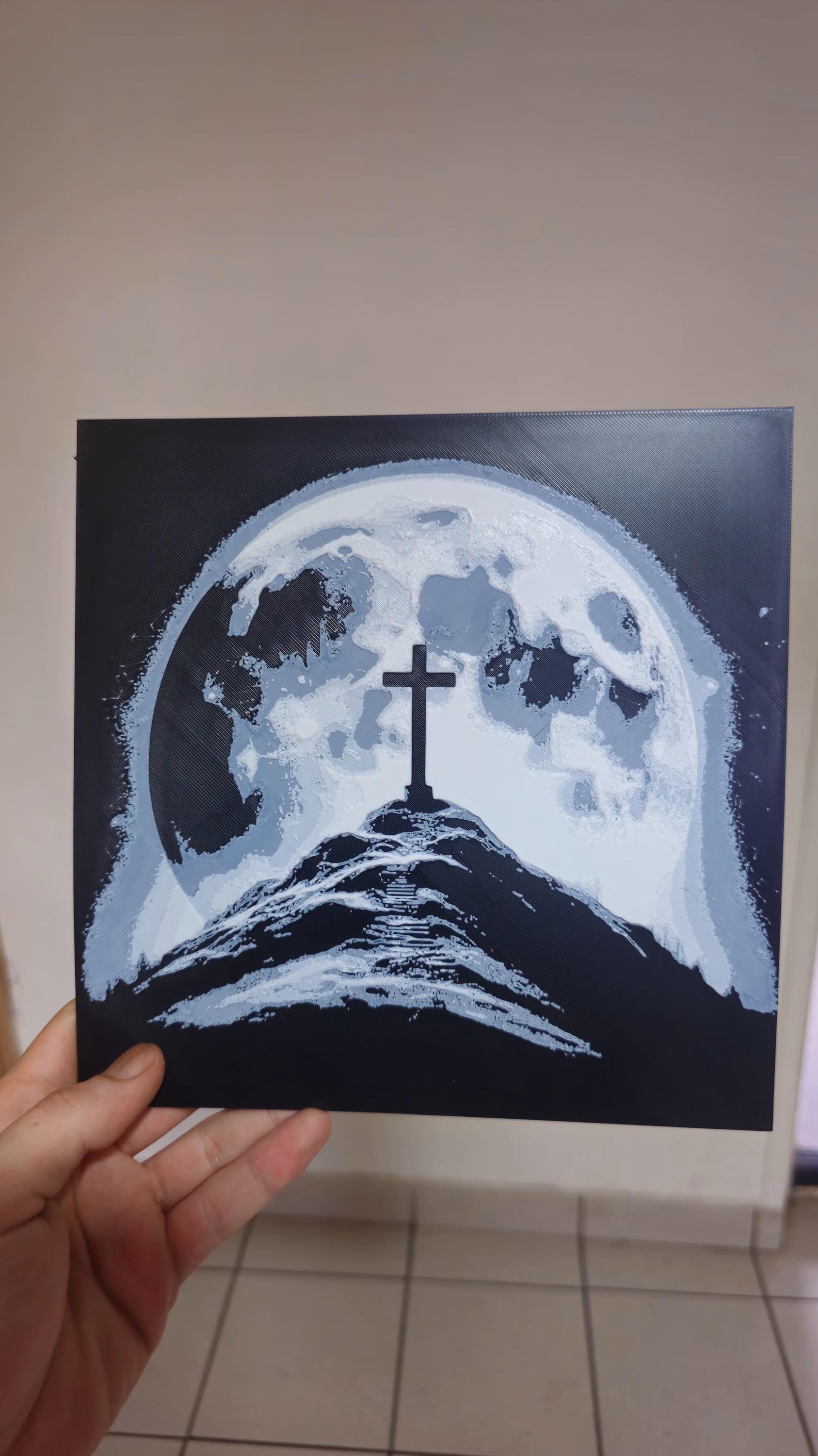 Cross and the Moon Art Hueforge – 3D Printed Spiritual Wall Decor, Unique Cross Under Moonlight