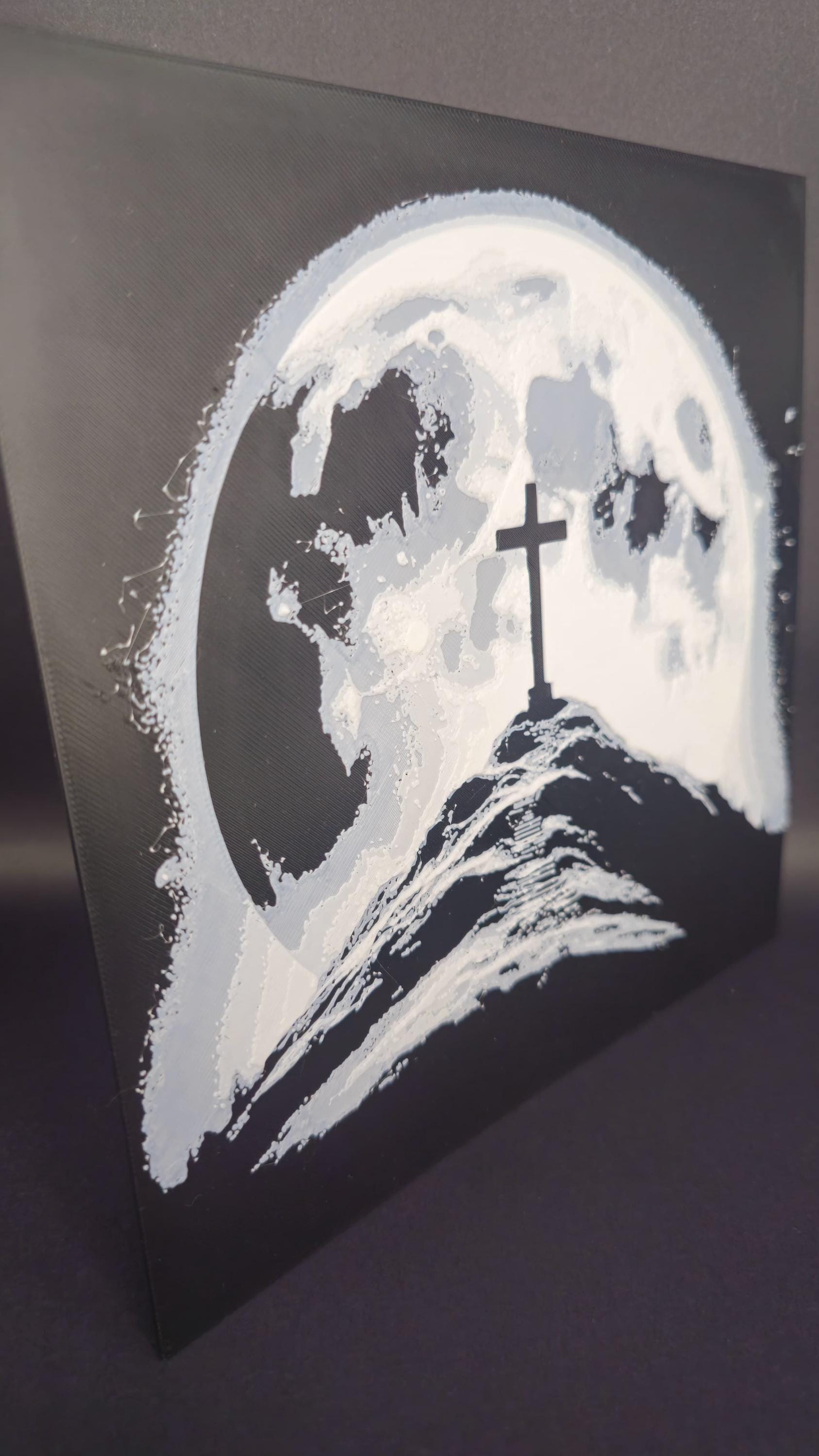 Cross and the Moon Art Hueforge – 3D Printed Spiritual Wall Decor, Unique Cross Under Moonlight