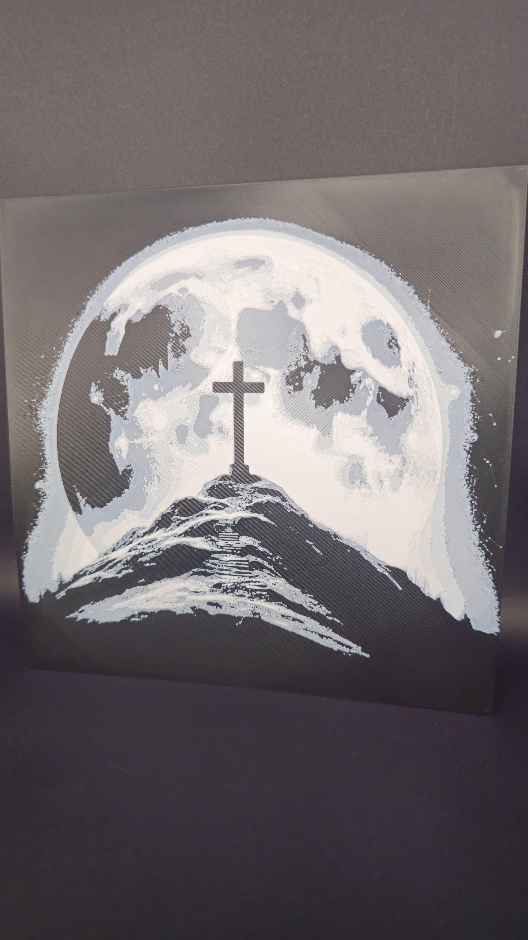 Cross and the Moon Art Hueforge – 3D Printed Spiritual Wall Decor, Unique Cross Under Moonlight