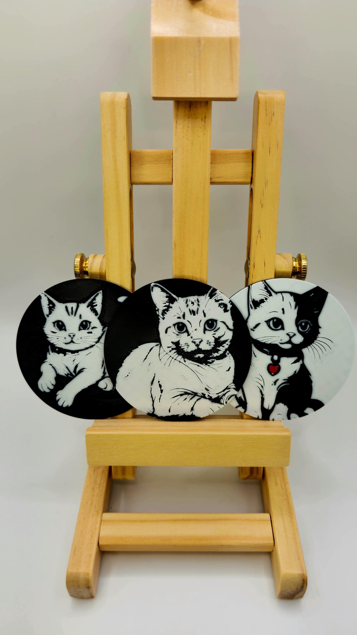 Trio of Cat Illustrations in PLA, 3D-Printed, with Decorative Wooden Stand