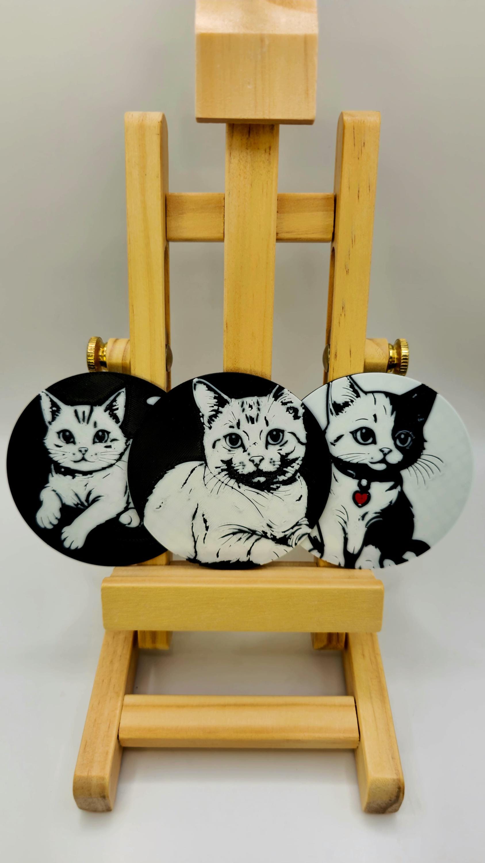 Trio of Cat Illustrations in PLA, 3D-Printed, with Decorative Wooden Stand