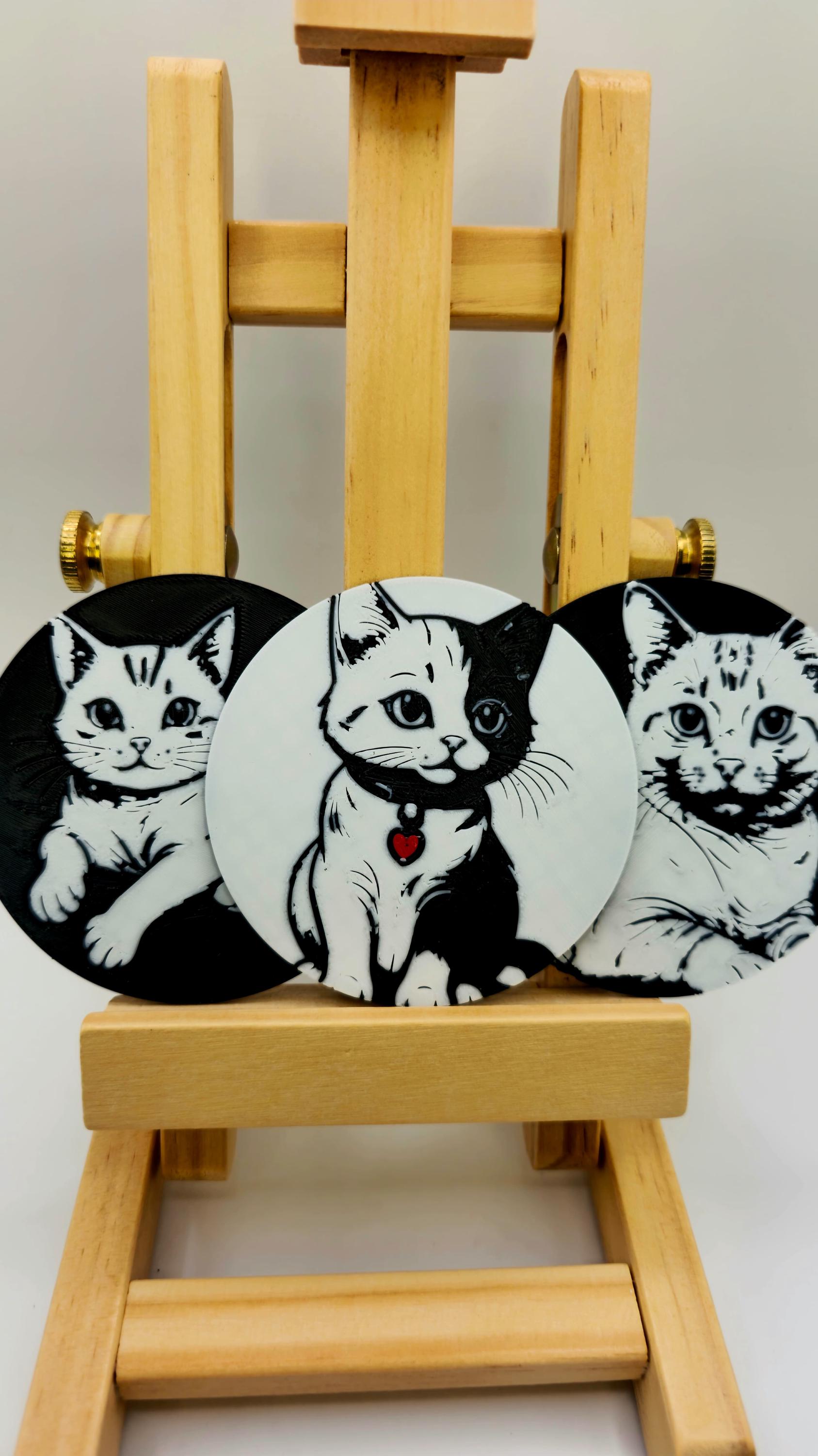 Trio of Cat Illustrations in PLA, 3D-Printed, with Decorative Wooden Stand