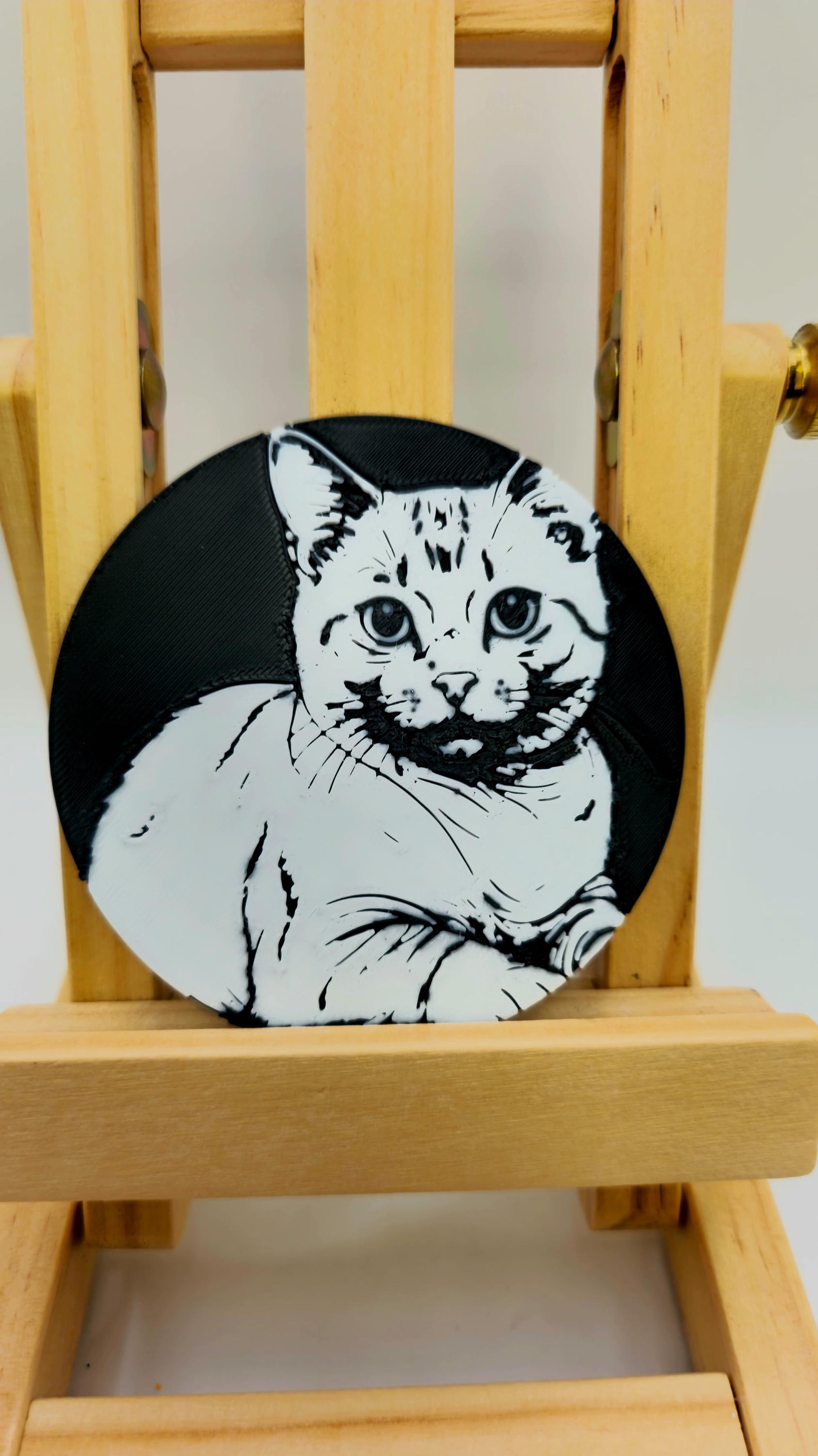 Trio of Cat Illustrations in PLA, 3D-Printed, with Decorative Wooden Stand