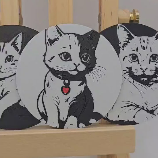 Trio of Cat Illustrations in PLA, 3D-Printed, with Decorative Wooden Stand