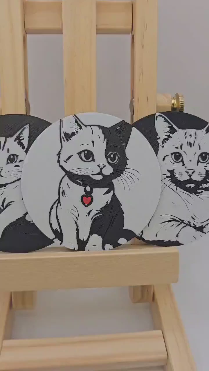 Trio of Cat Illustrations in PLA, 3D-Printed, with Decorative Wooden Stand